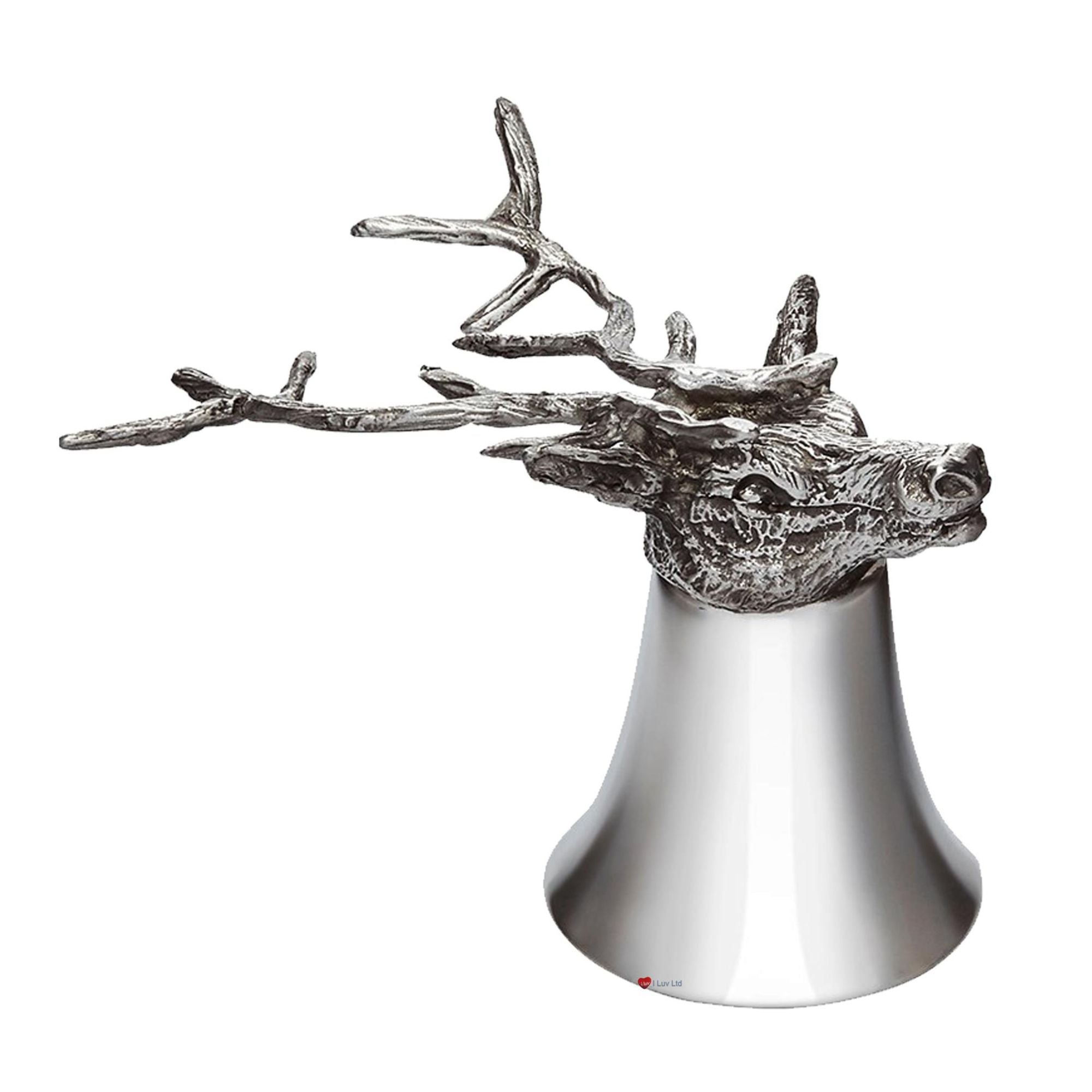 Decorative metal bell with deer head design on a white background