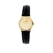 9ct Gold Ladies Wristwatch Champagne Face Black Leather Strap