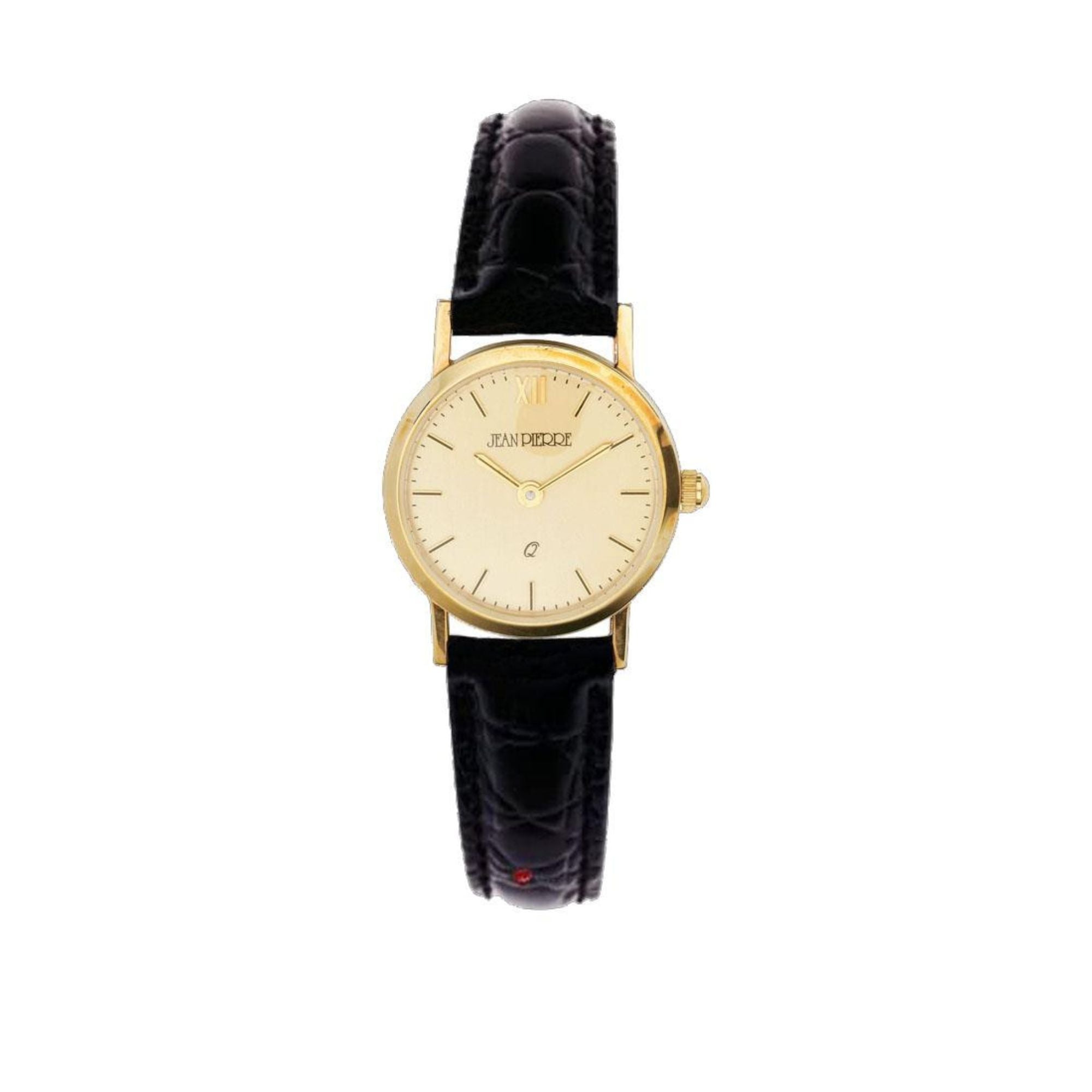9ct Gold Ladies Wristwatch Champagne Face Black Leather Strap