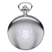 Silver pocket watch with intricate design on a white background