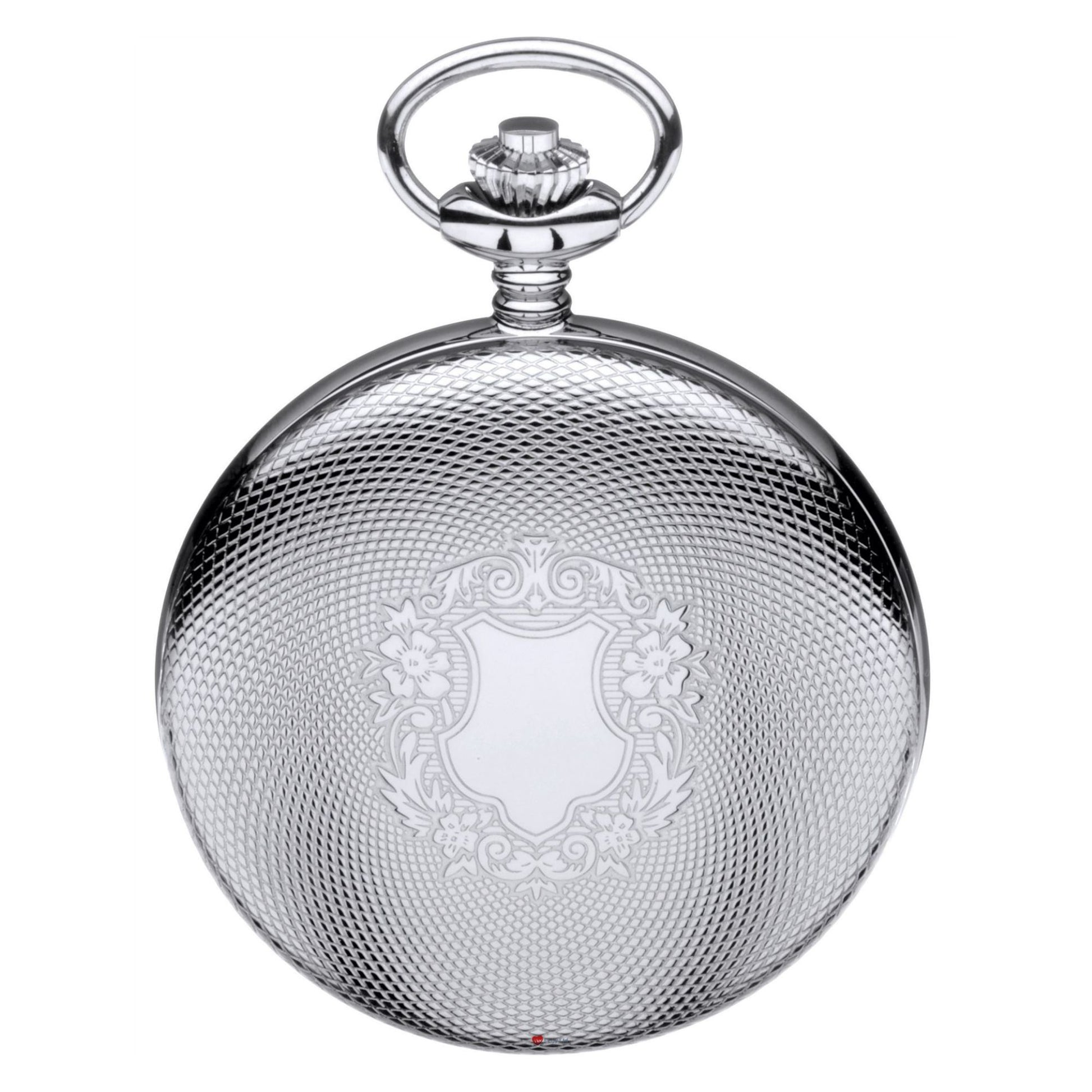 Silver pocket watch with intricate design on a white background