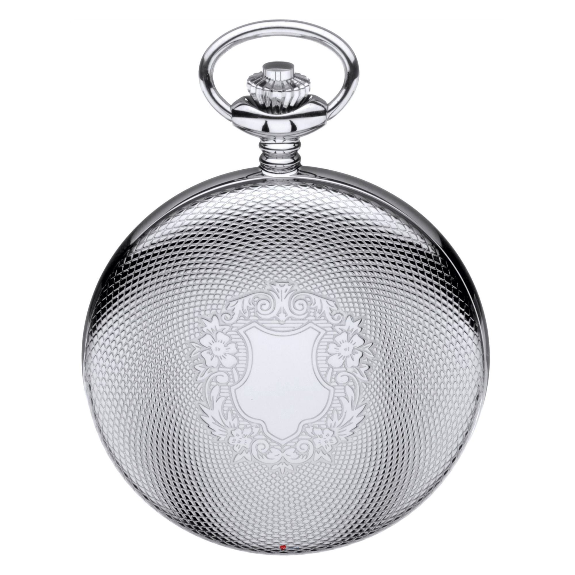 Silver pocket watch with intricate design on a white background