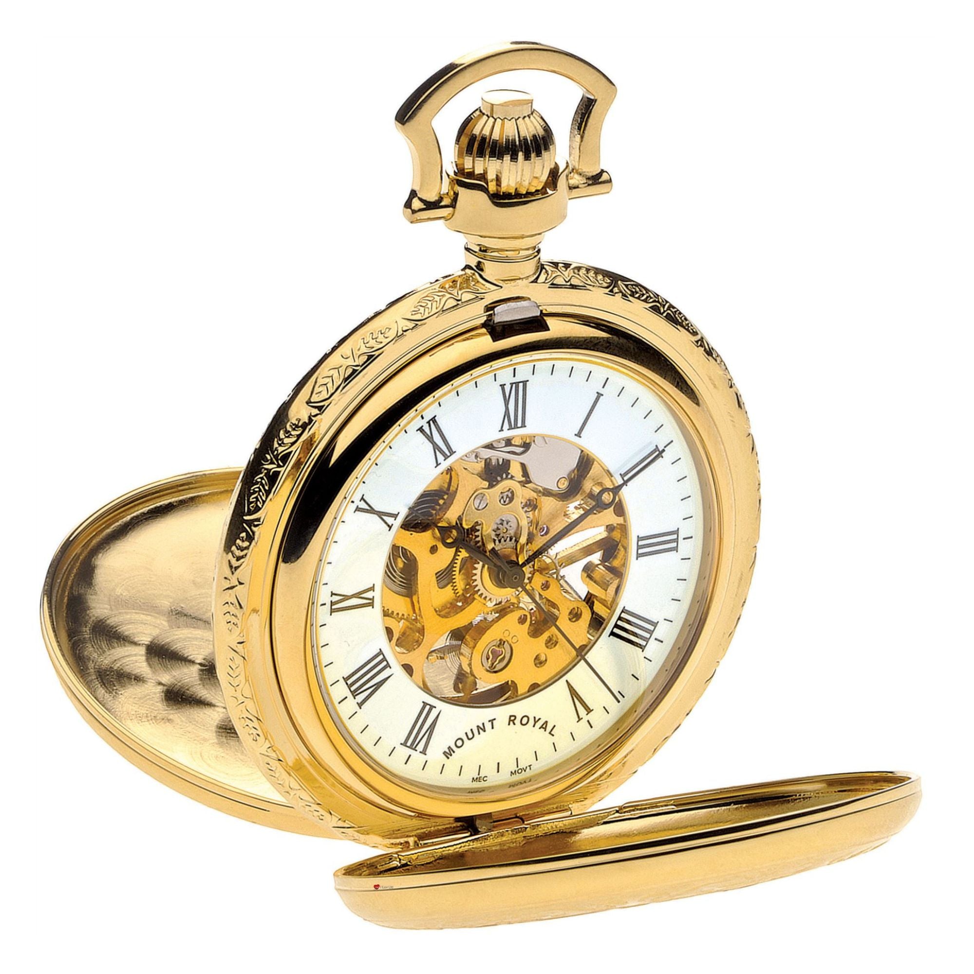 Skeleton Pocket Watch Double Half Hunter Gold Plated Very Detailed - 17 Jewel
