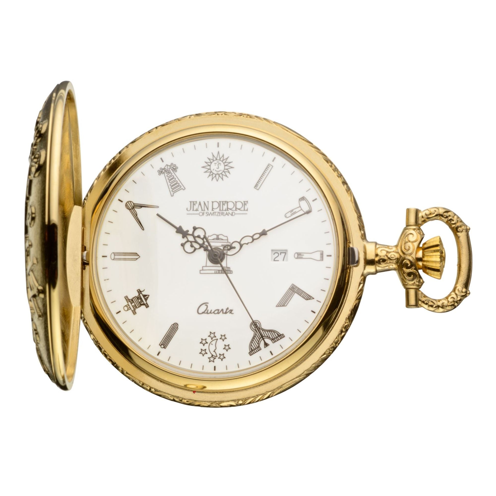 Masonic Half Hunter Pocket Watch Gold Plated Masonic Symbols Quartz