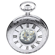 Decorative pocket watch with Roman numeral markers on a white background