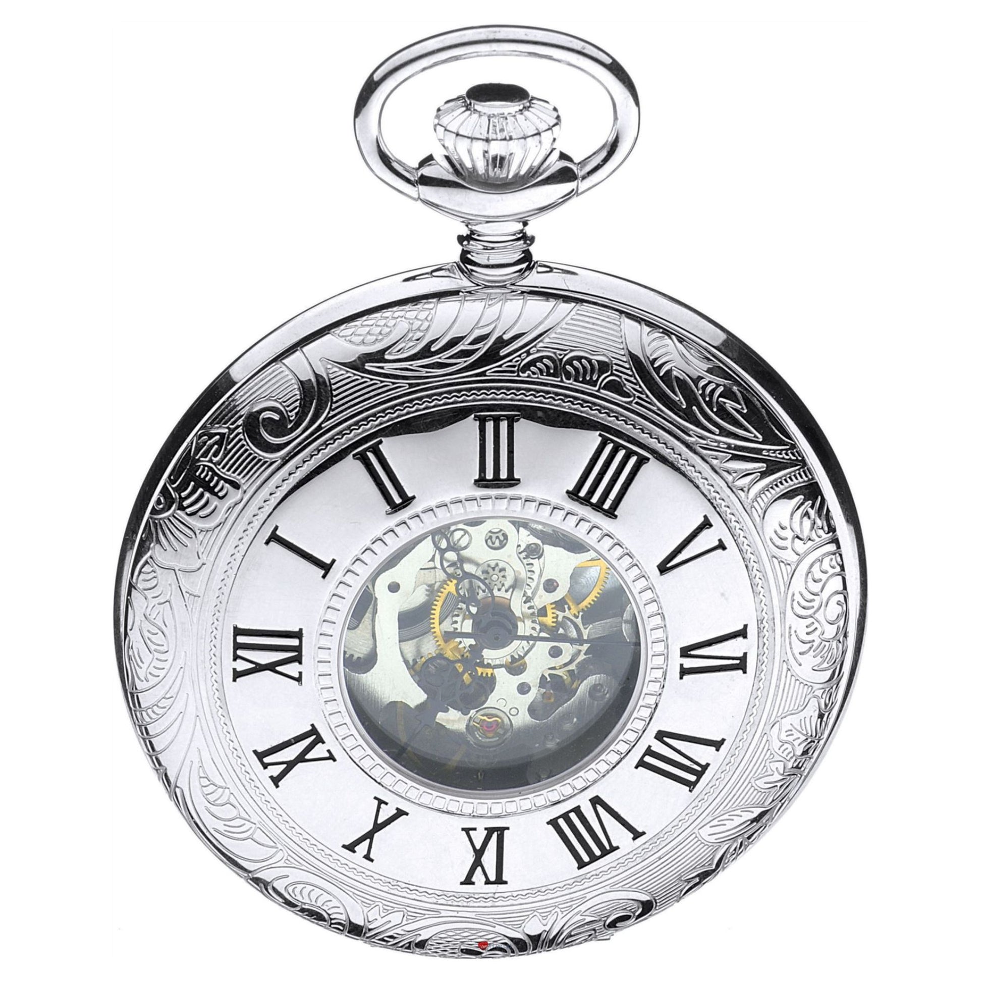 Decorative pocket watch with Roman numeral markers on a white background