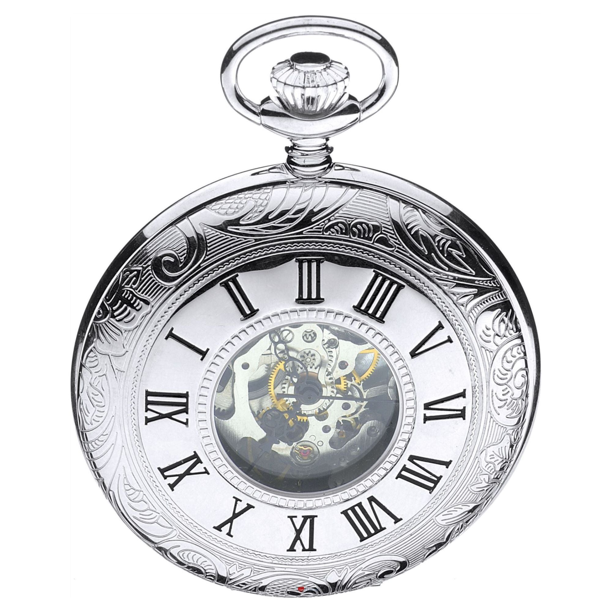 Decorative pocket watch with Roman numeral markers on a white background