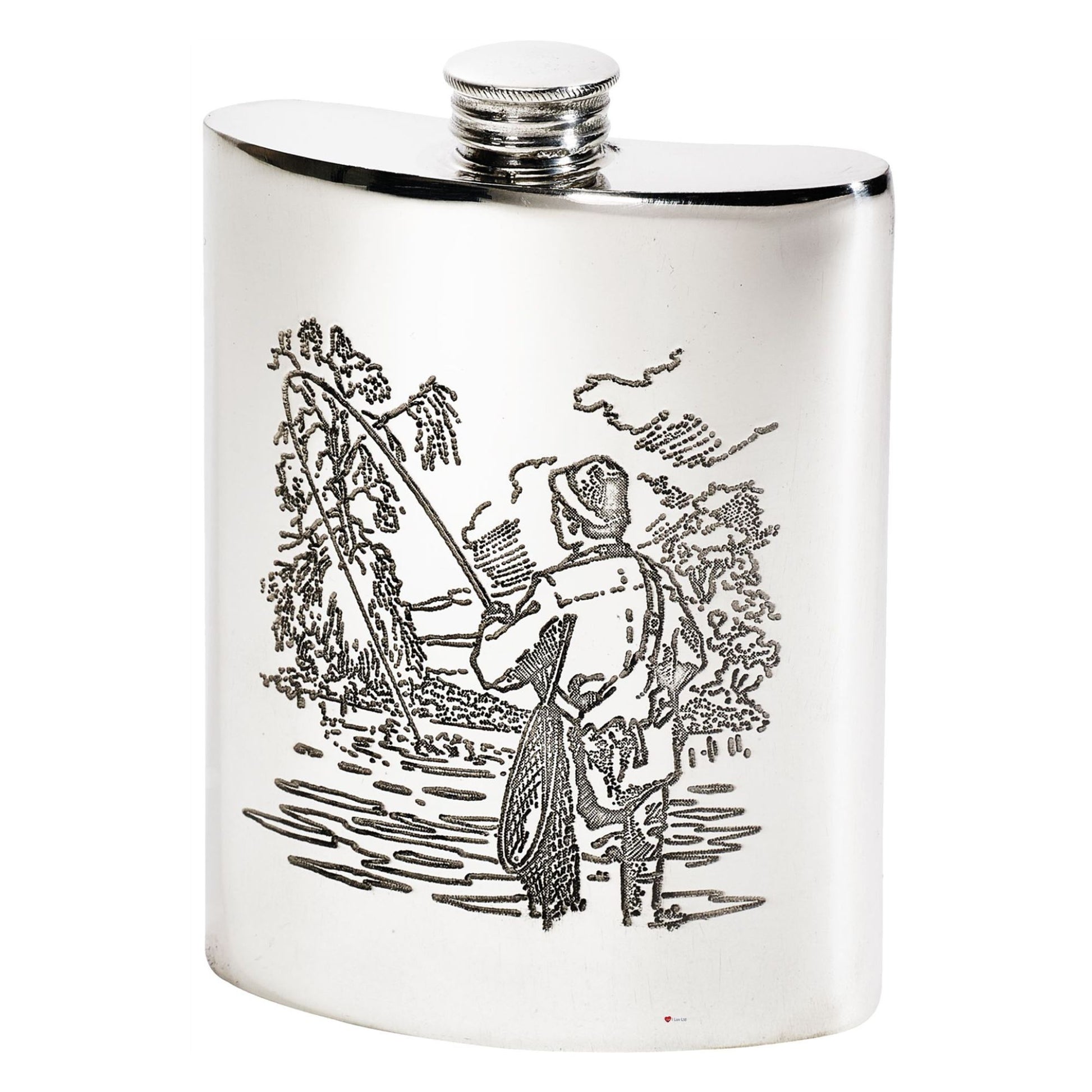 Silver flask with hunting scene engraving on a white background