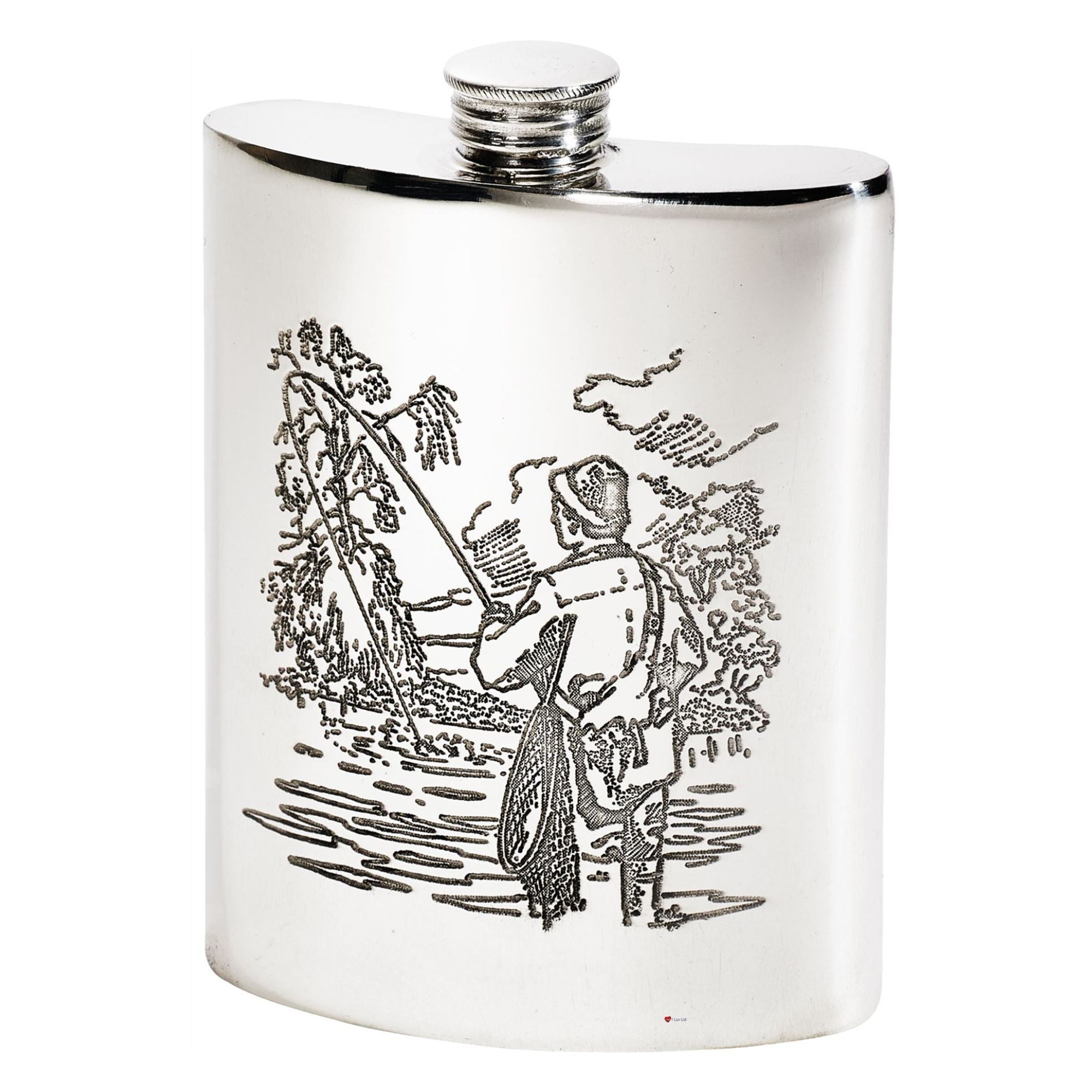 Silver flask with hunting scene engraving on a white background