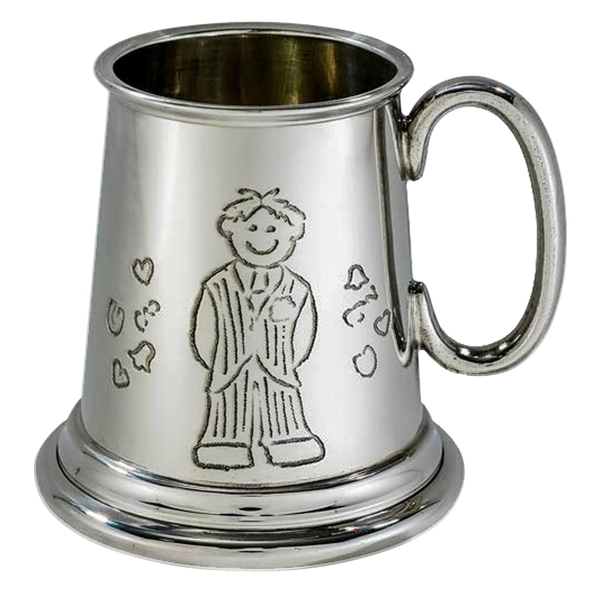 Silver tankard with a engraved design of a boy in pajamas on a white background