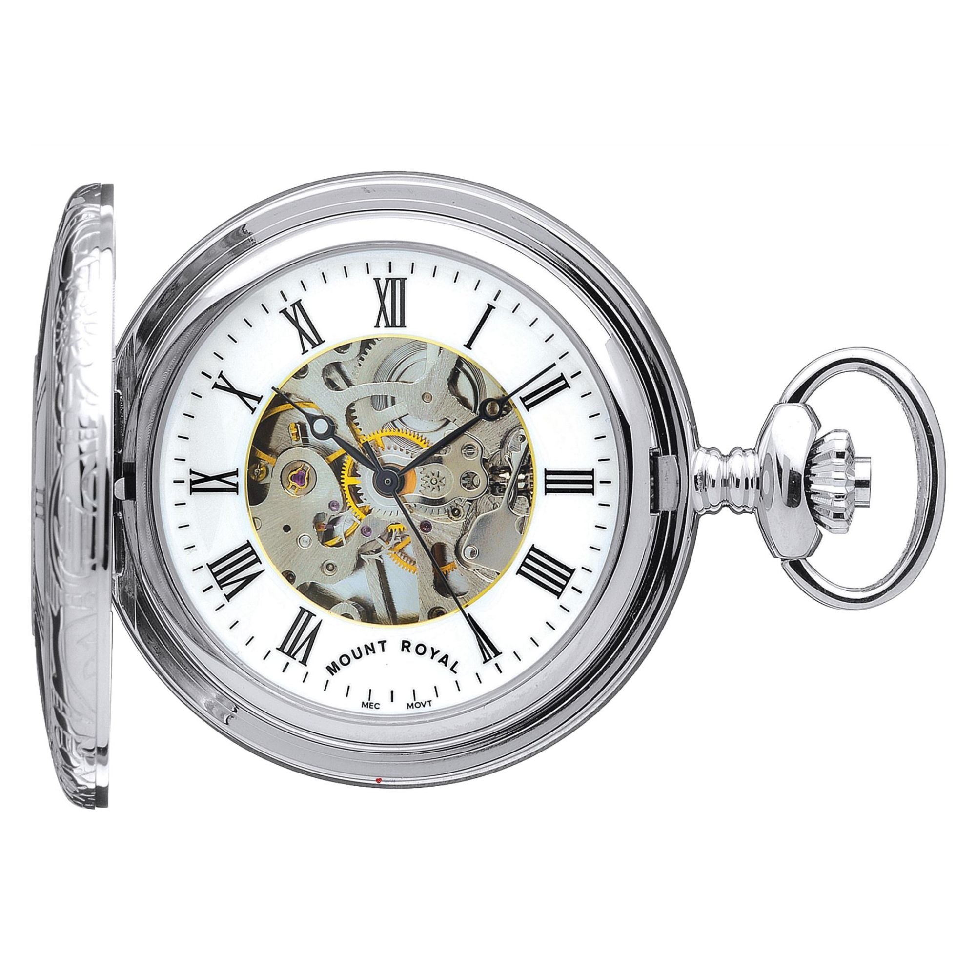 Half Hunter Skeleton Pocket Watch Chromed Polished Back 17 Jewel