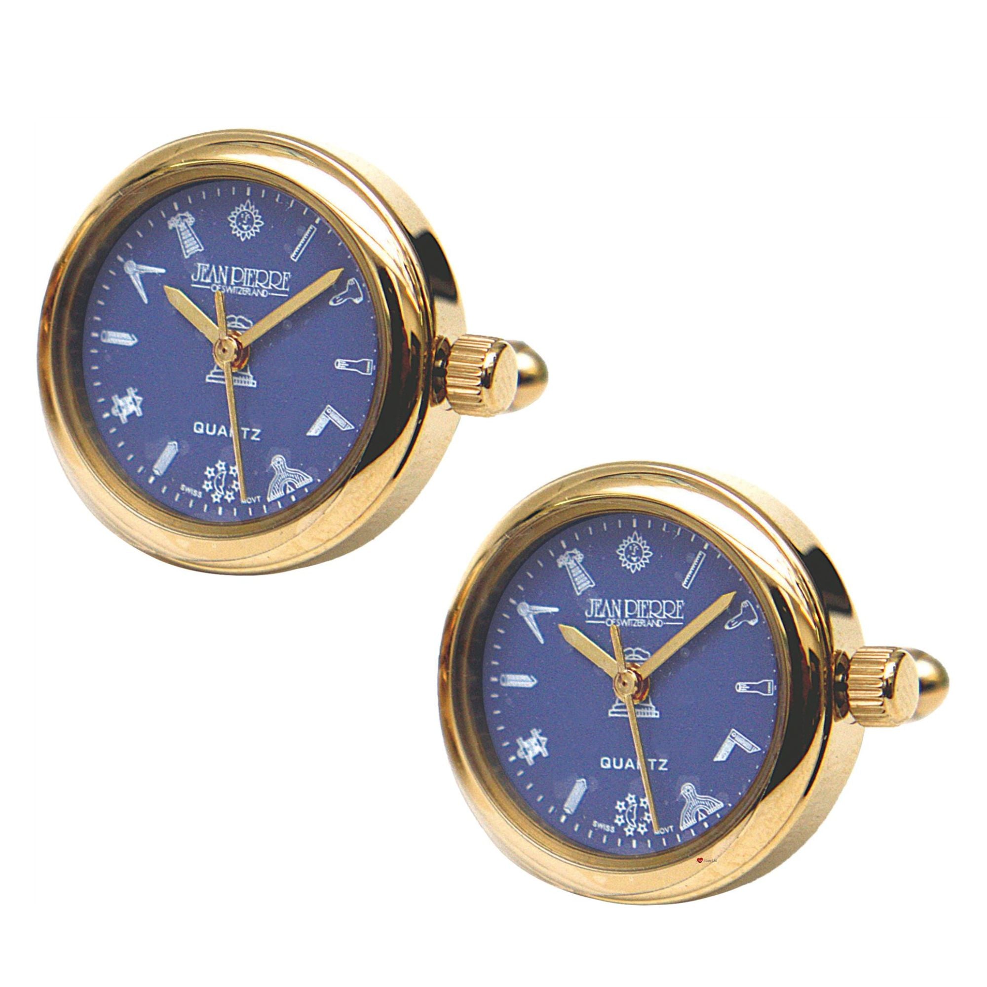 Two gold watches with blue faces on a white background