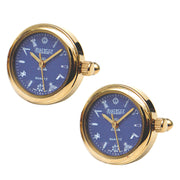 Two gold watches with blue faces on a white background