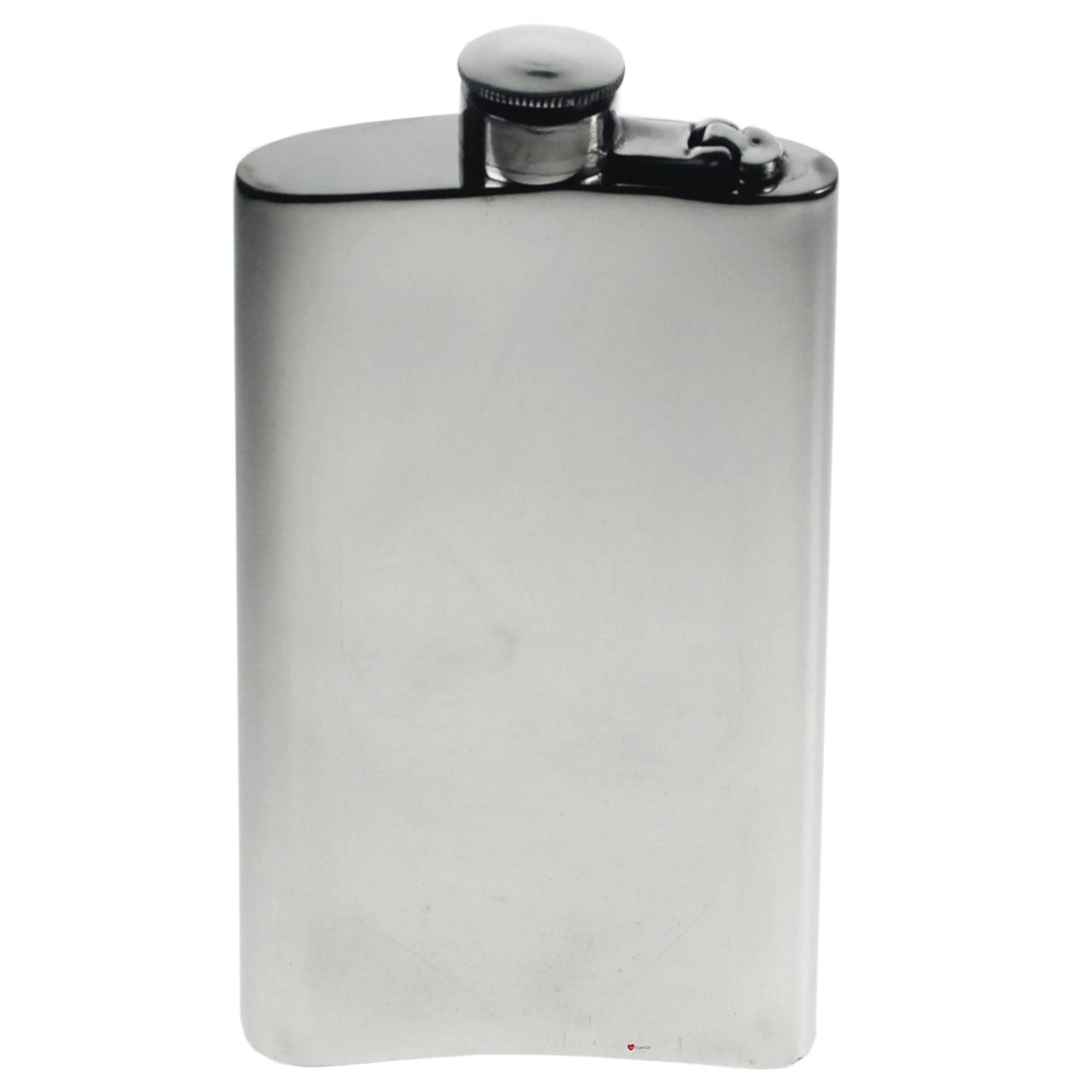 Stainless steel hip flask on a white background