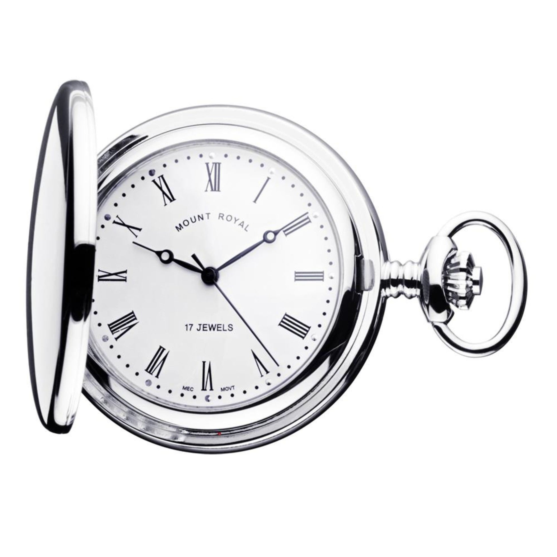 Pocket watch with 'Mount Royal' branding on a white background