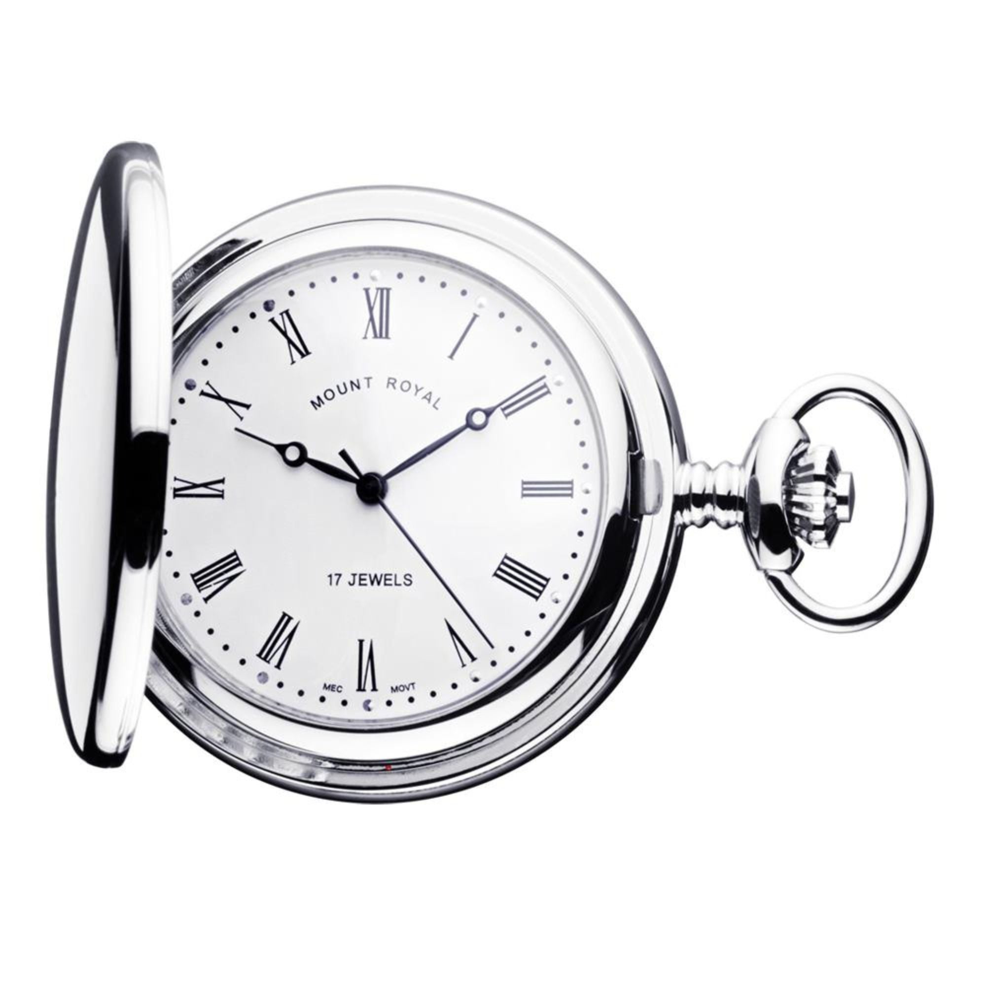 Pocket watch with 'Mount Royal' branding on a white background