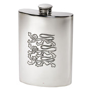 Silver hip flask with a lion emblem on a white background