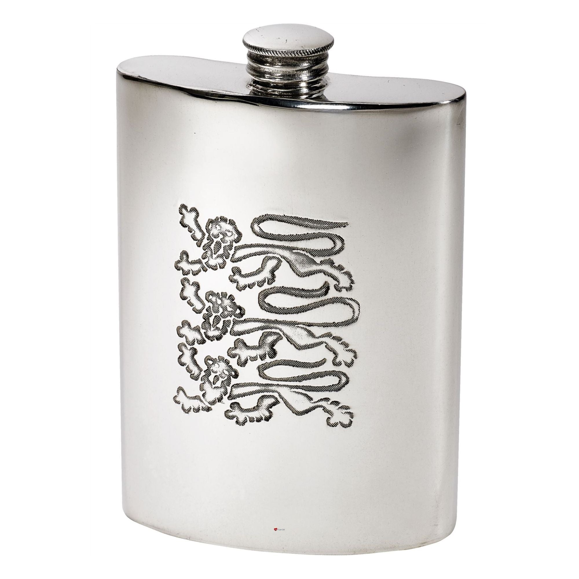Silver hip flask with a lion emblem on a white background
