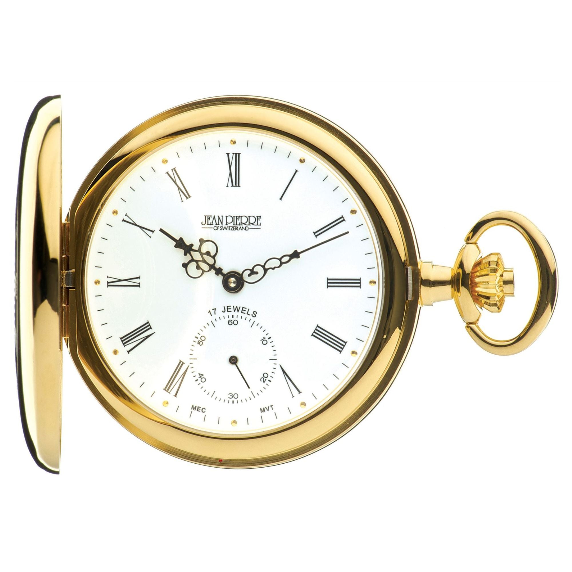Gold pocket watch with white face and Roman numerals on a white background