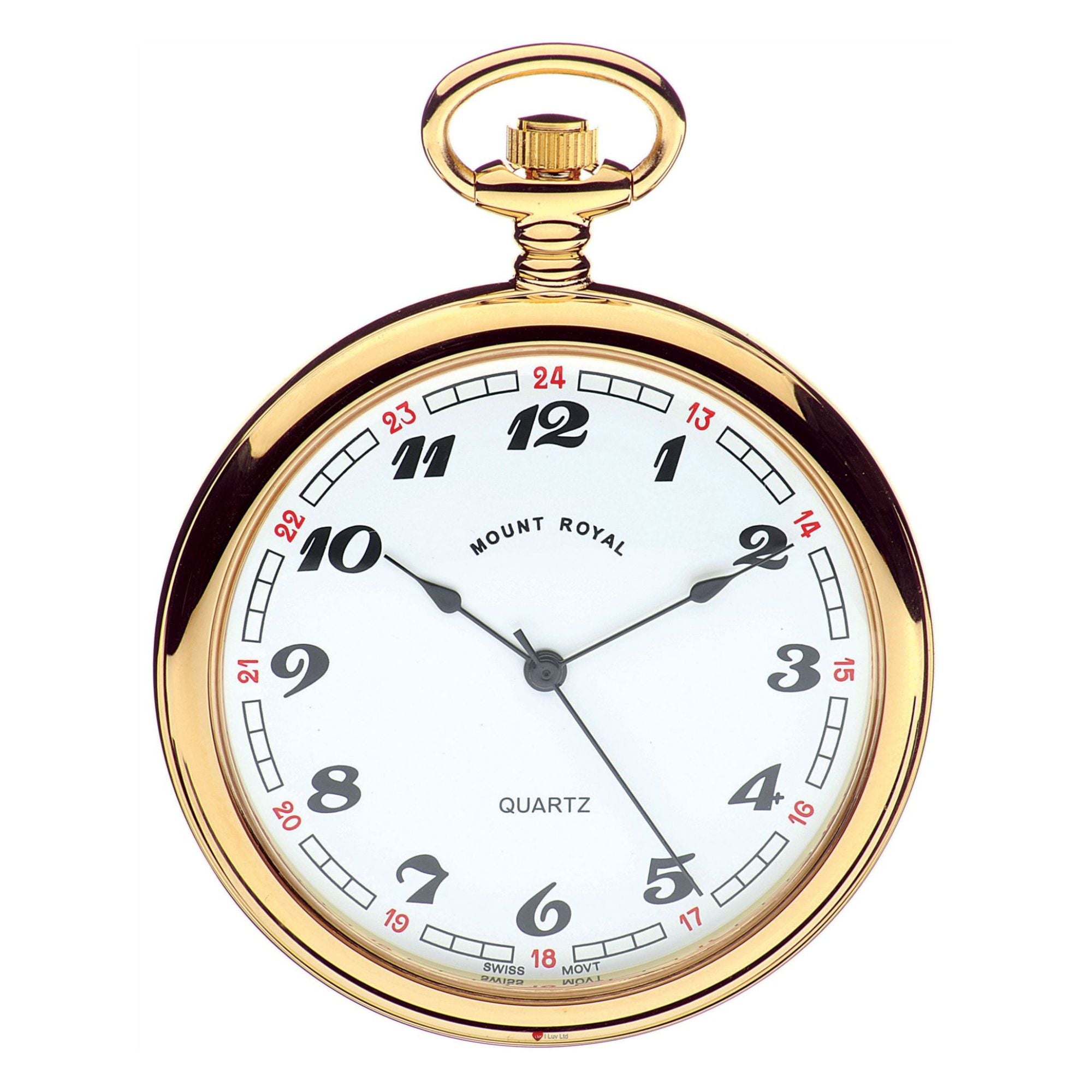 Gold pocket watch with white face and black hands on a white background