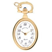 Gold pocket watch with white face on a white background