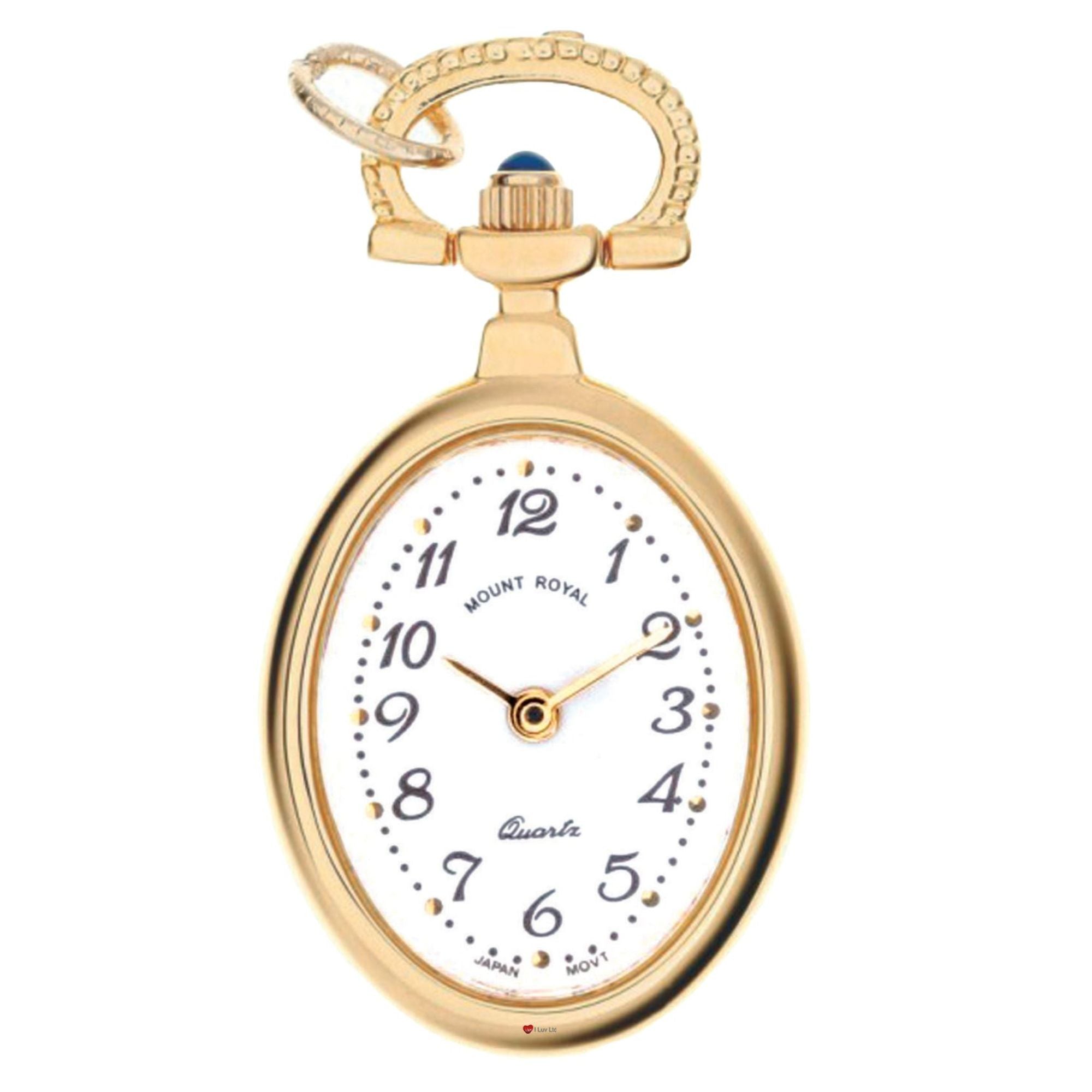 Gold pocket watch with white face on a white background