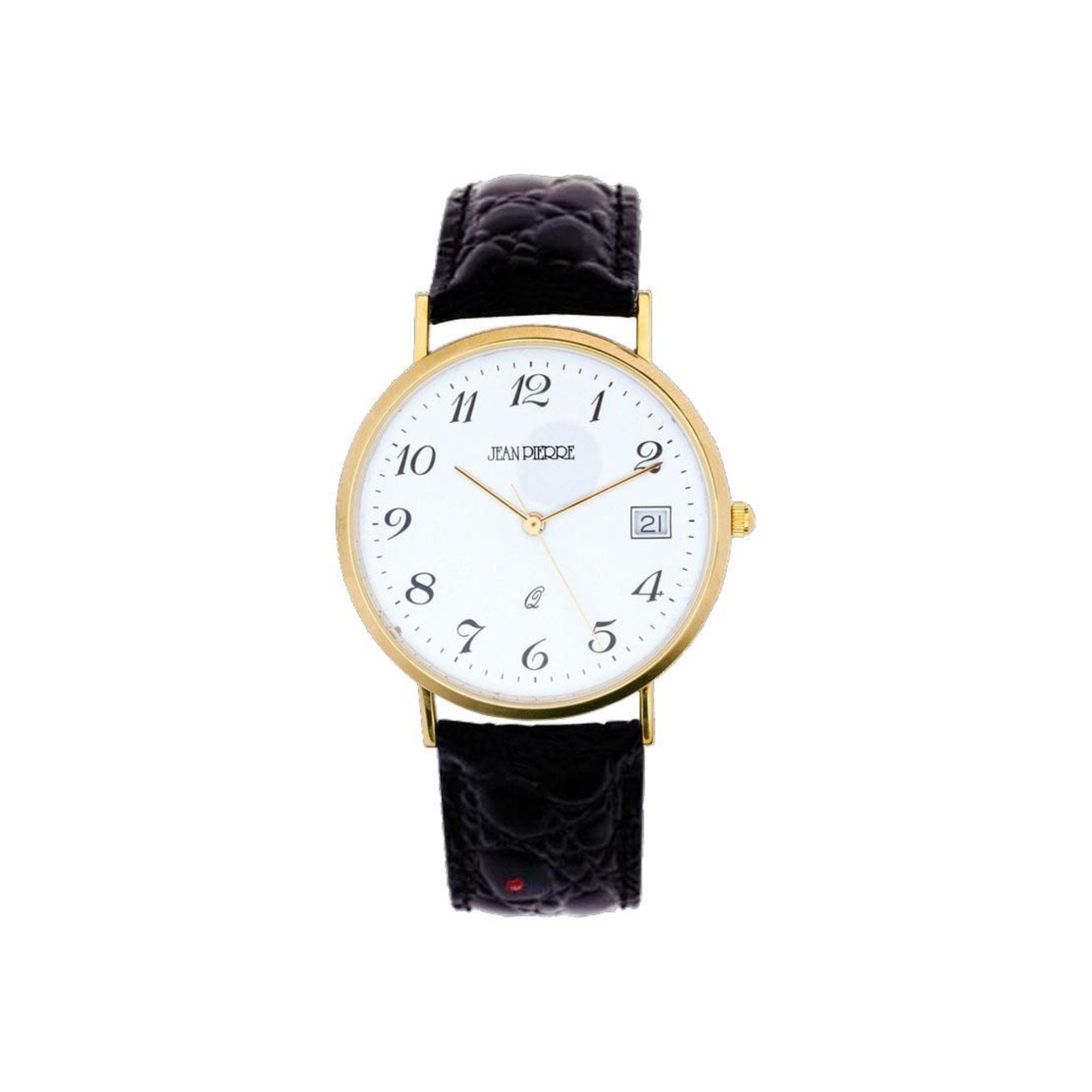 Wristwatch with black leather strap and gold case on a white background