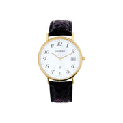 Wristwatch with black leather strap and gold case on a white background