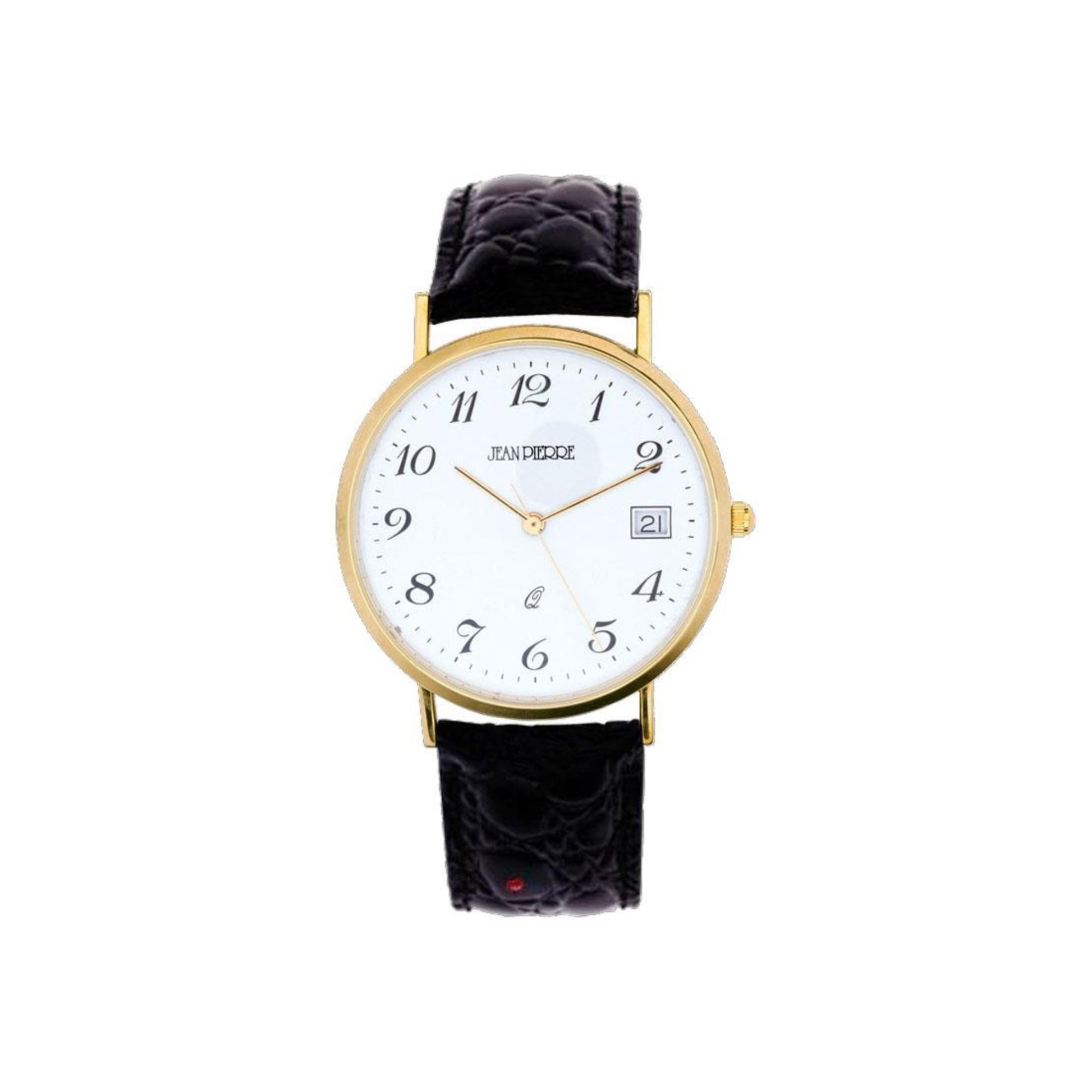 Wristwatch with black leather strap and gold case on a white background