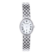Silver watch with a white face on a white background