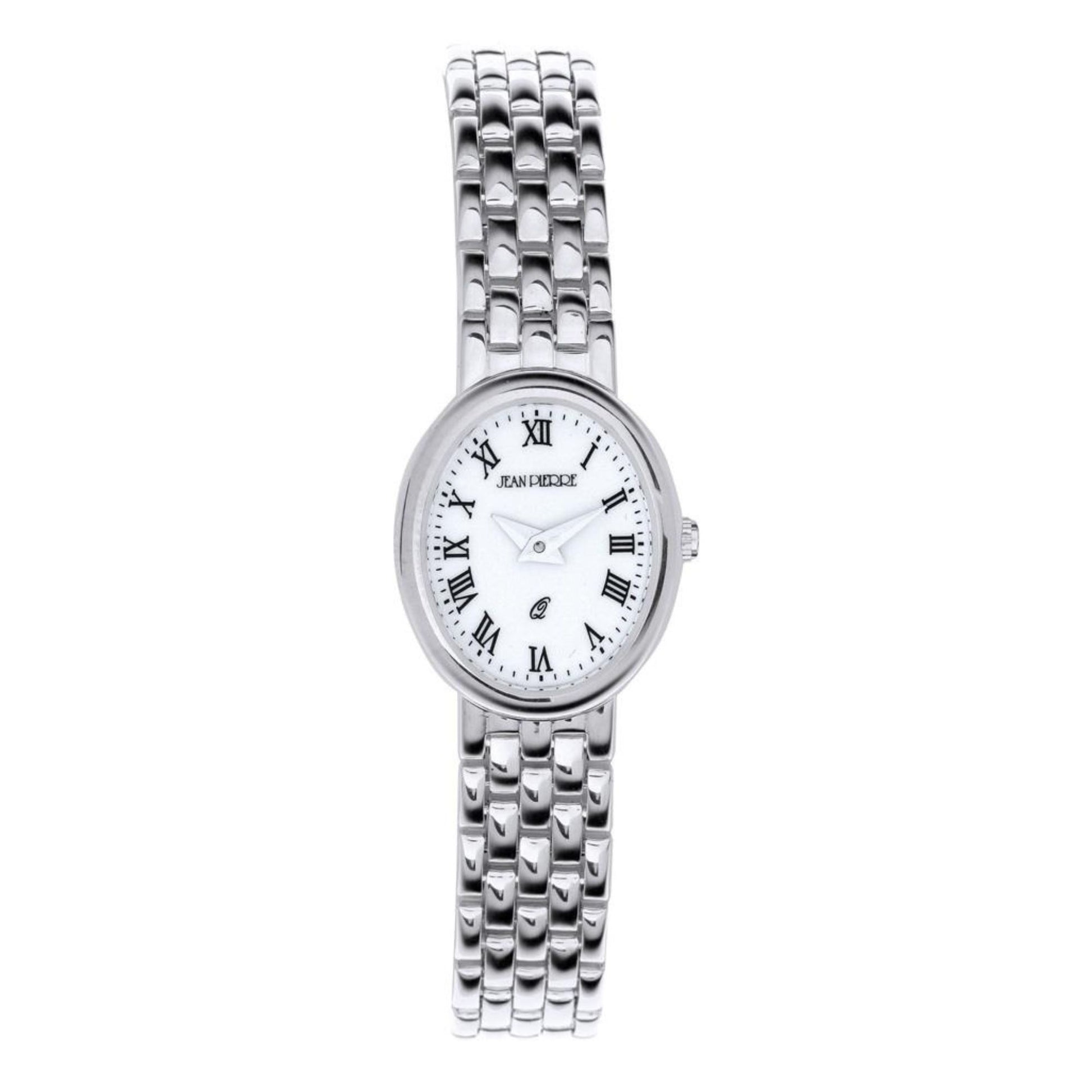 Silver watch with a white face on a white background