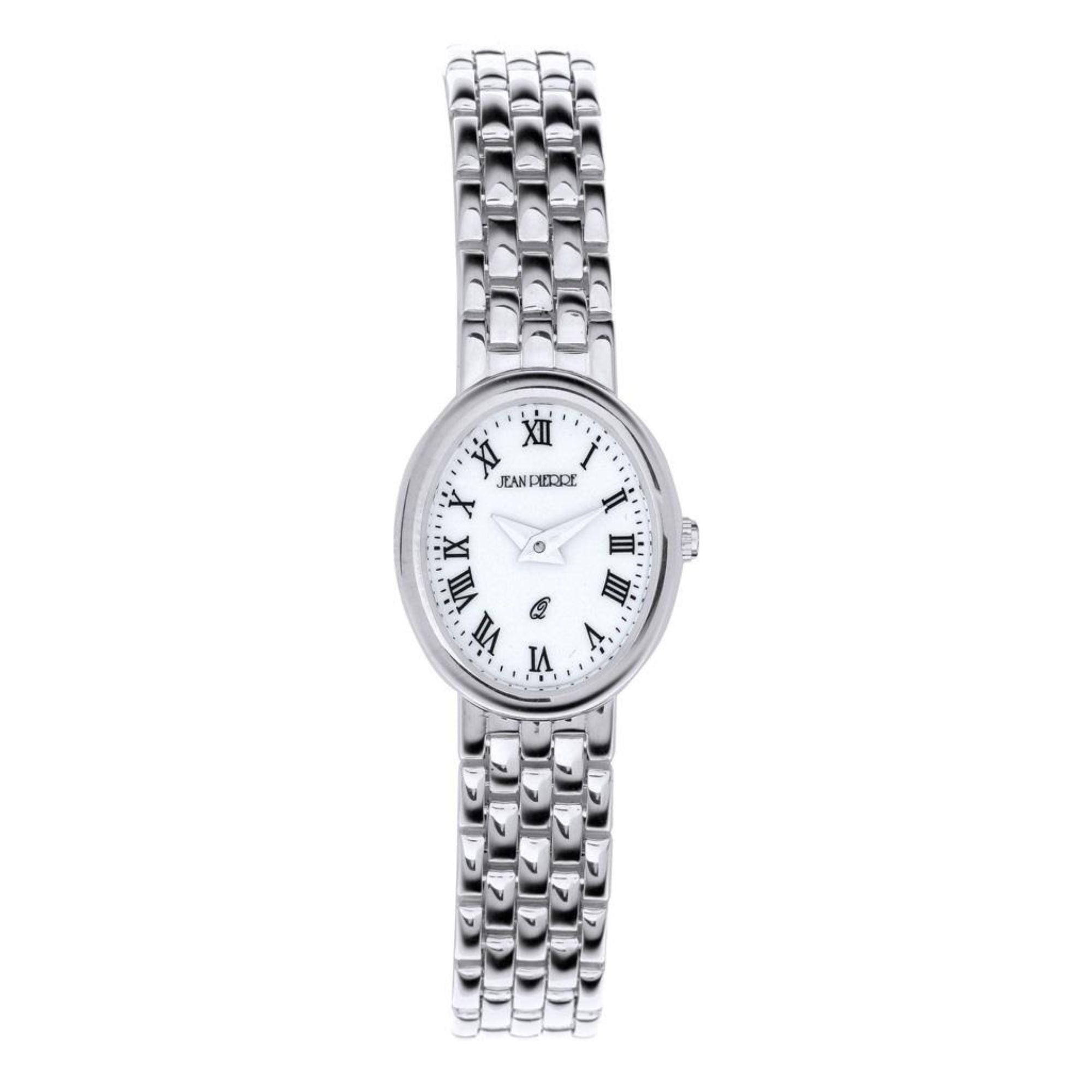Silver watch with a white face on a white background