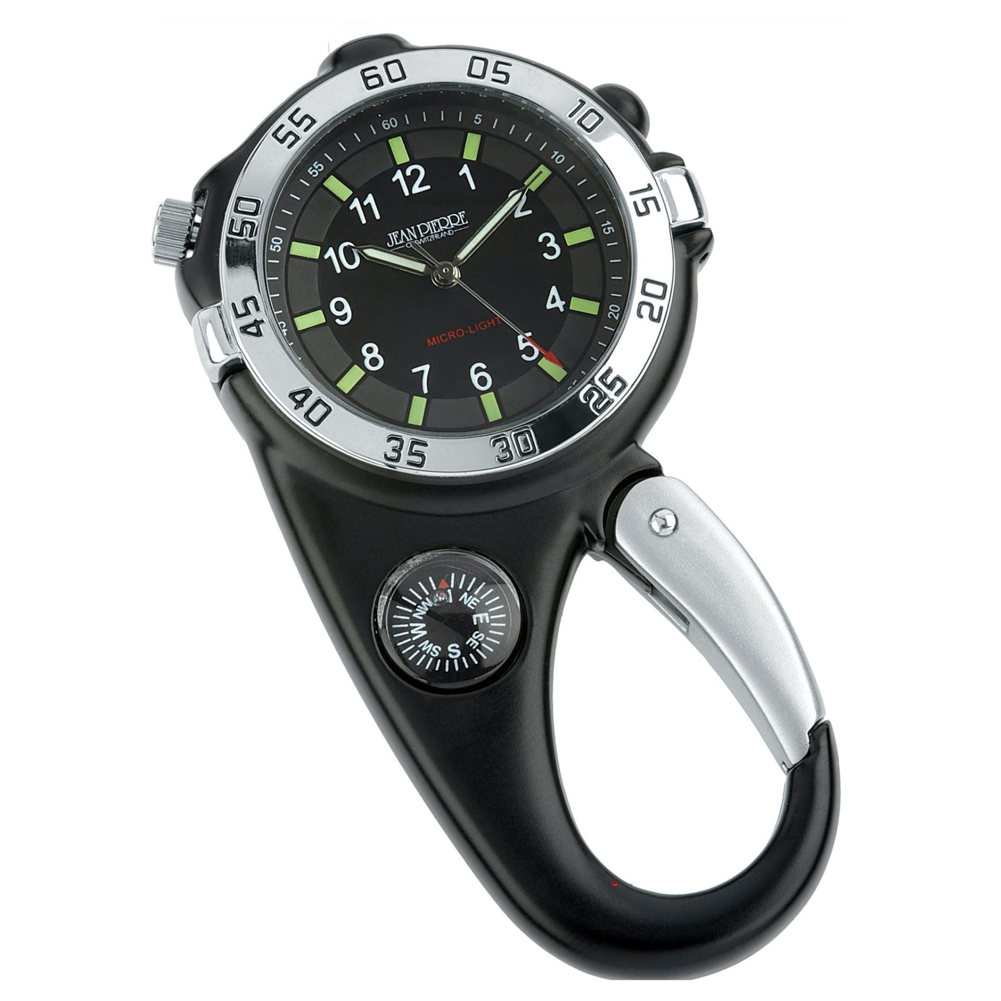 Black and silver watch with carabiner on a white background