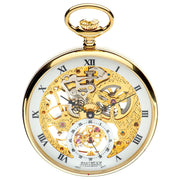 Gold pocket watch with visible mechanical components on a white background