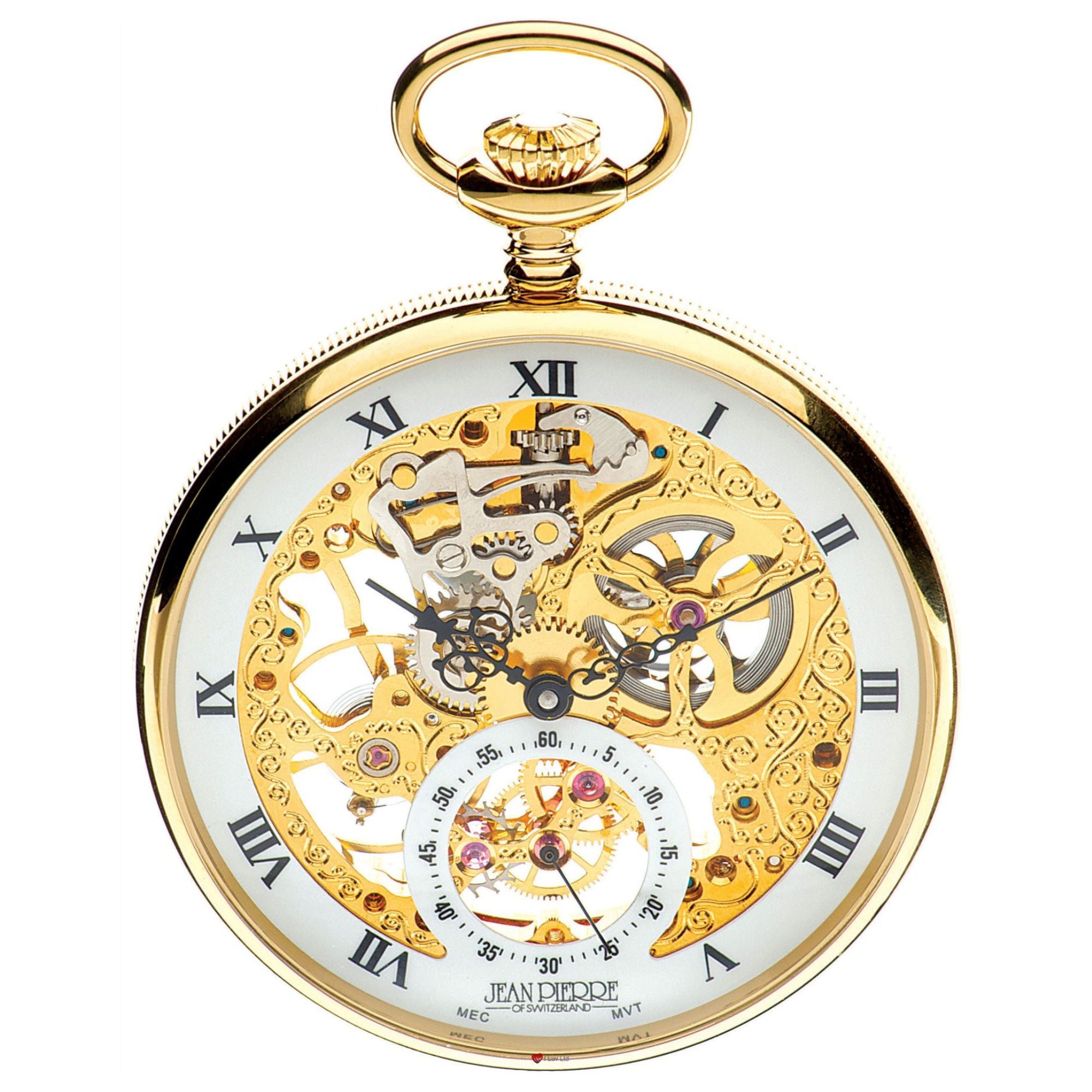 Gold pocket watch with visible mechanical components on a white background