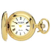 Gold pocket watch with white face and Roman numerals on a white background