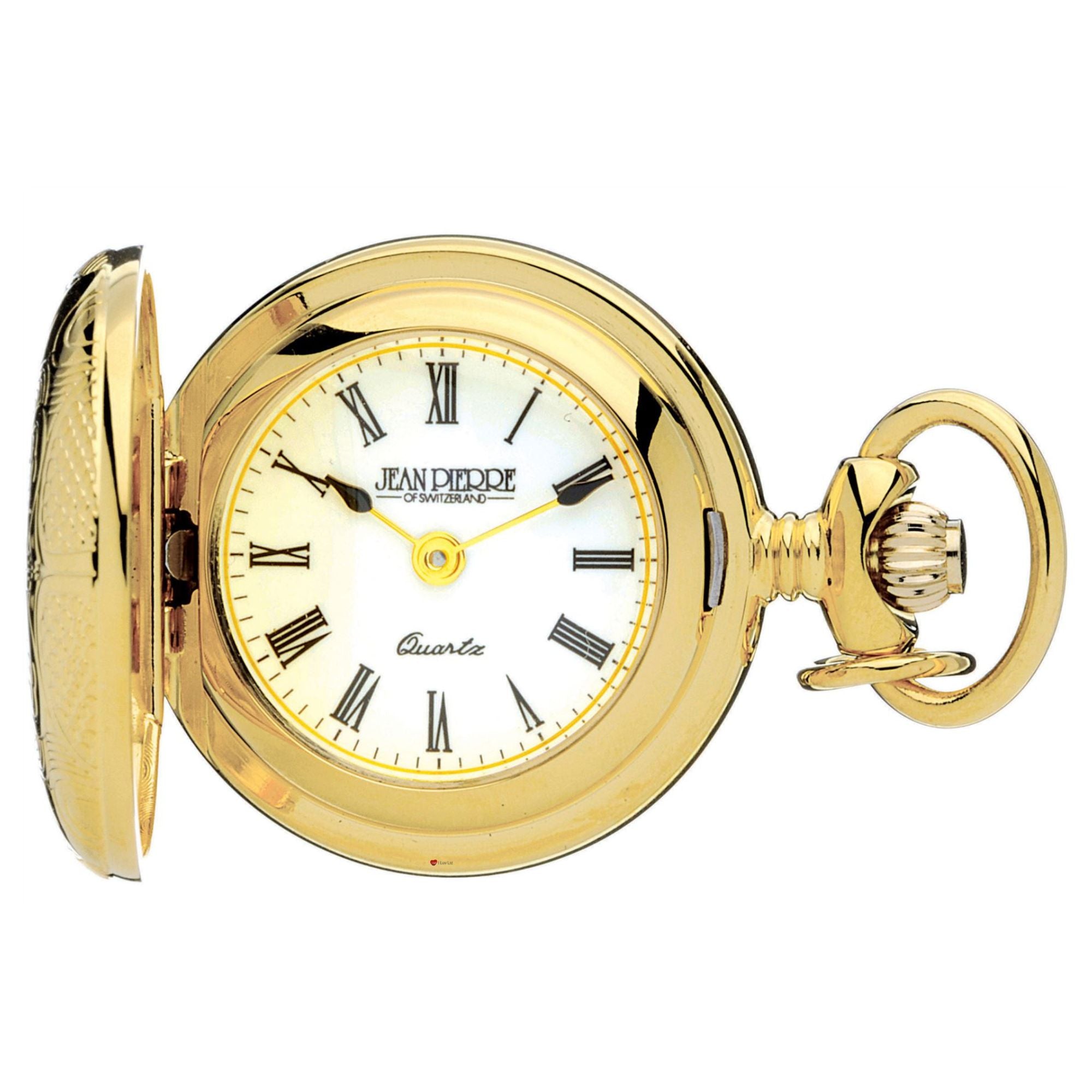Gold pocket watch with white face and Roman numerals on a white background
