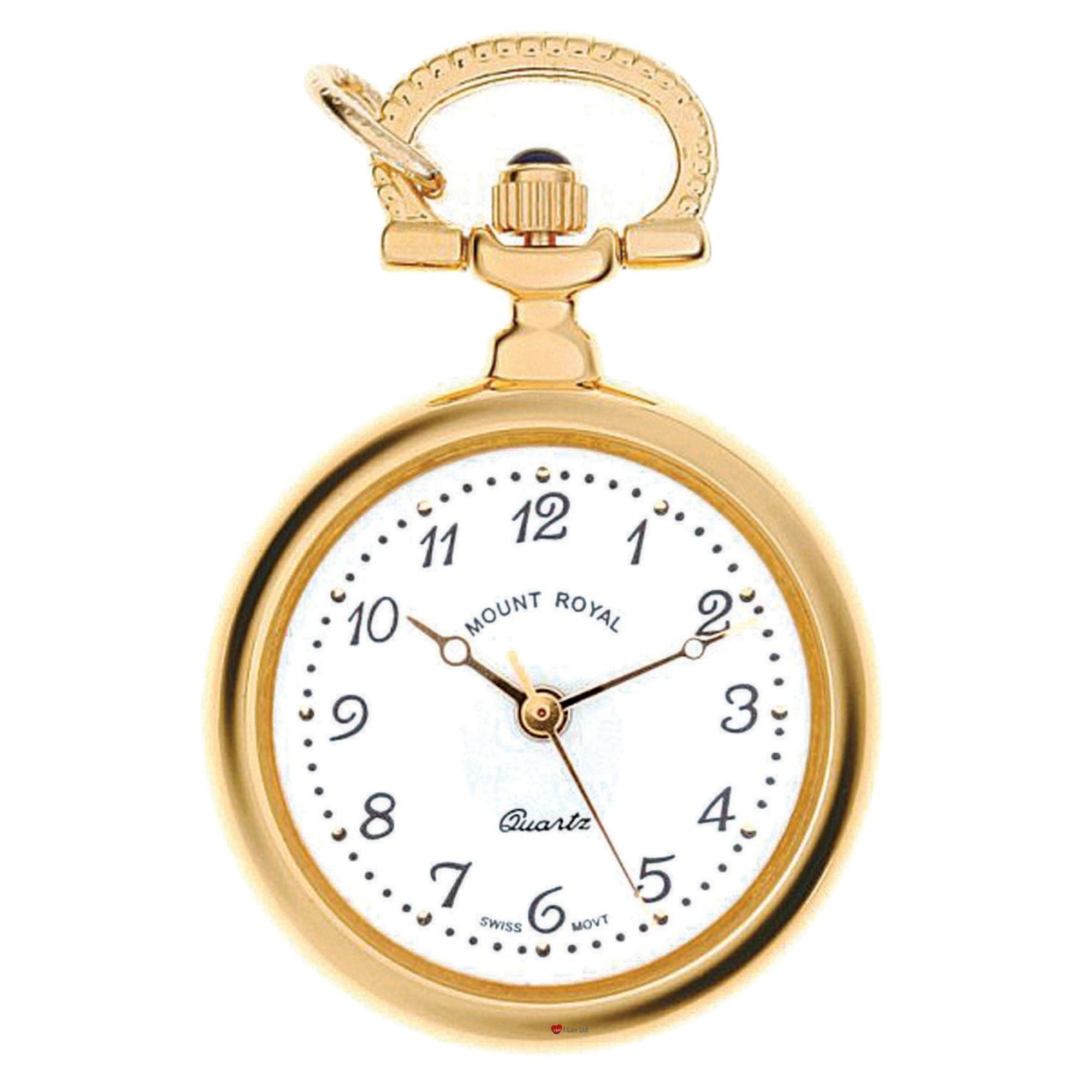 Gold pocket watch with white face on a white background