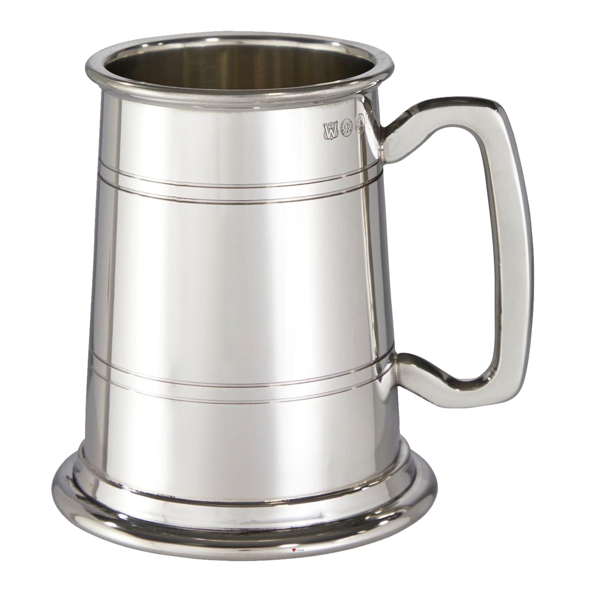 Silver tankard with handle on a white background