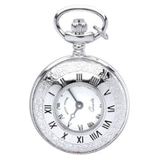 Silver pocket watch with decorative case on a white background