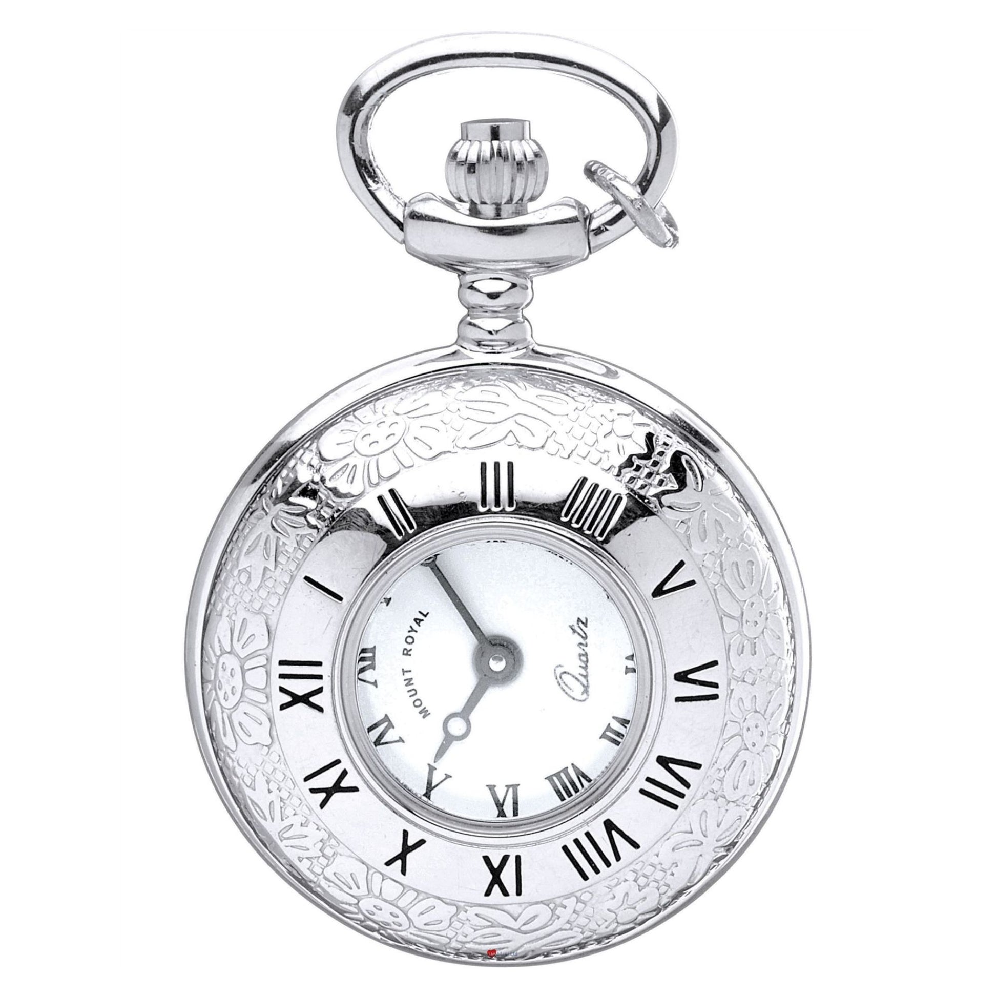 Silver pocket watch with decorative case on a white background
