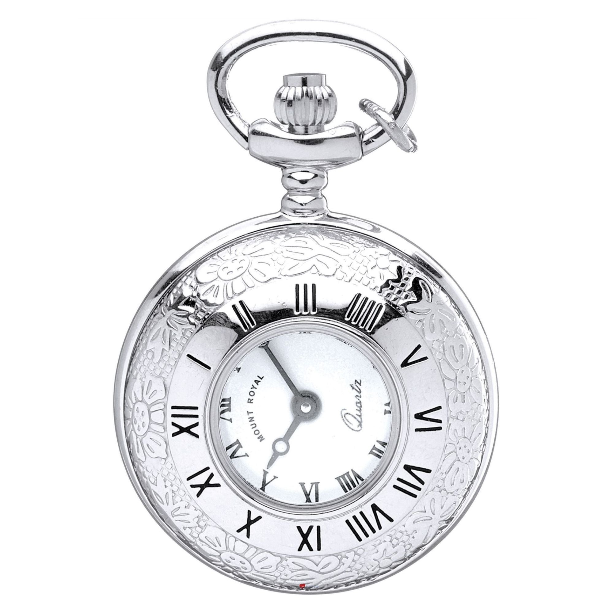 Silver pocket watch with decorative case on a white background