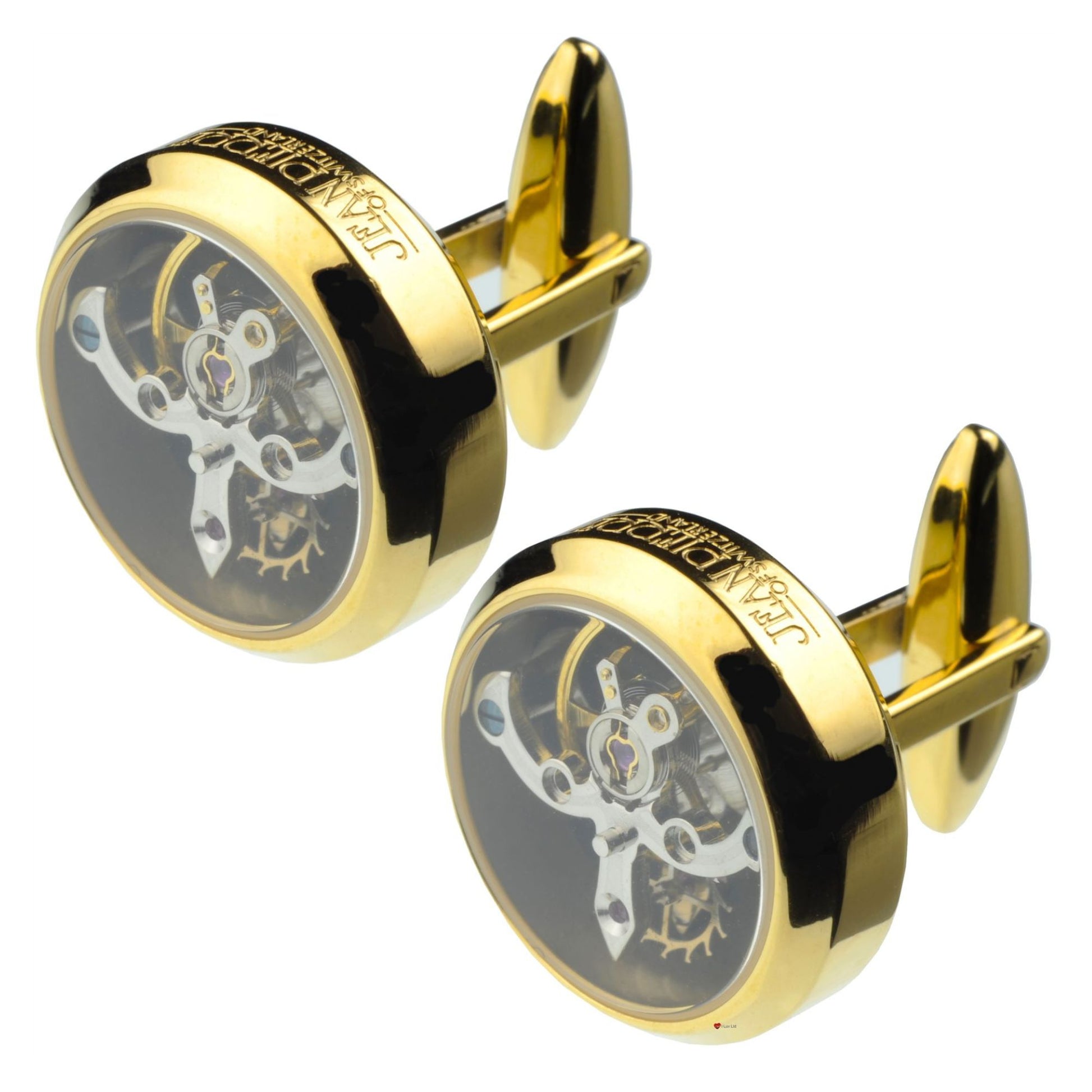 Gold cufflinks with mechanical design on a white background