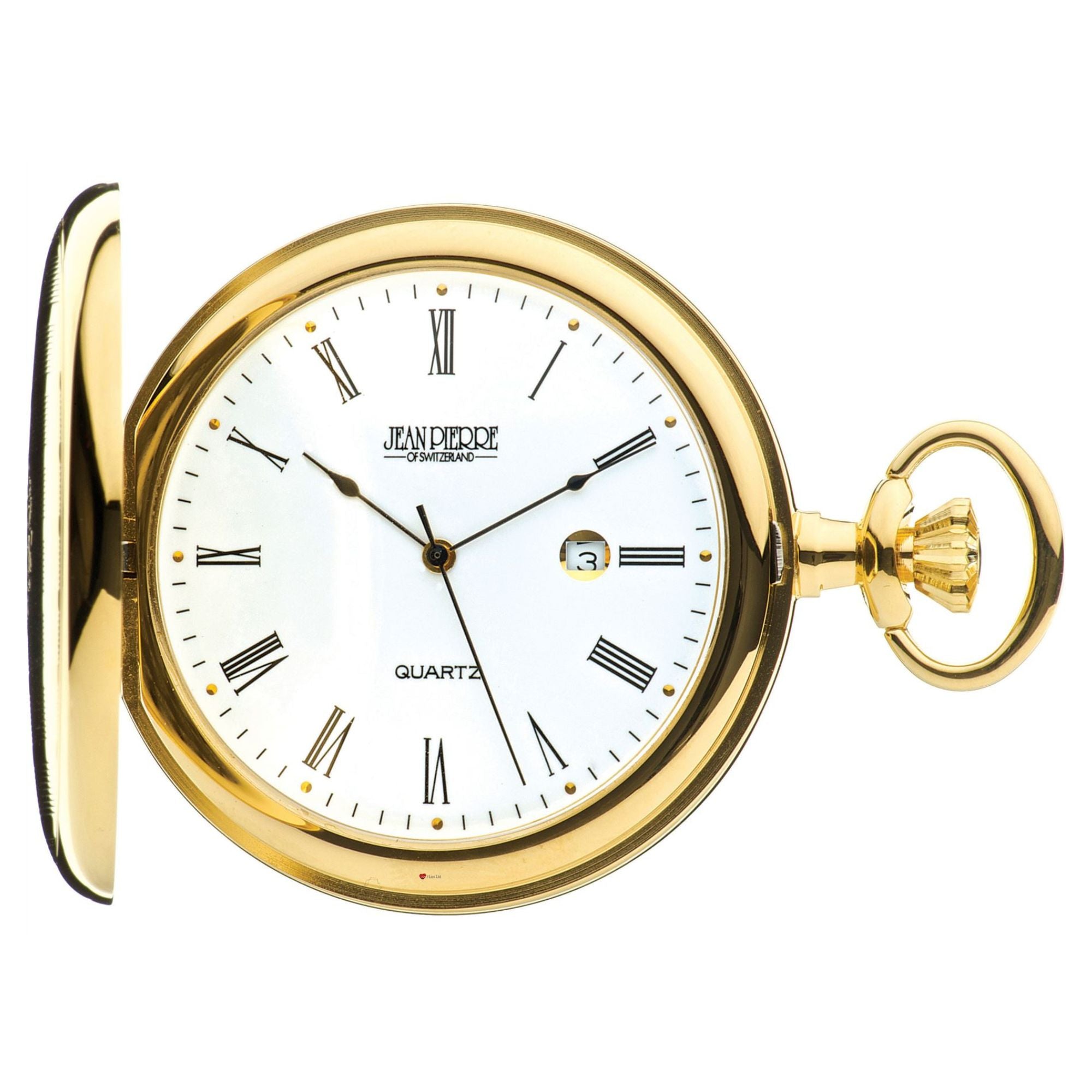 Gold pocket watch with white face and Roman numerals on a white background