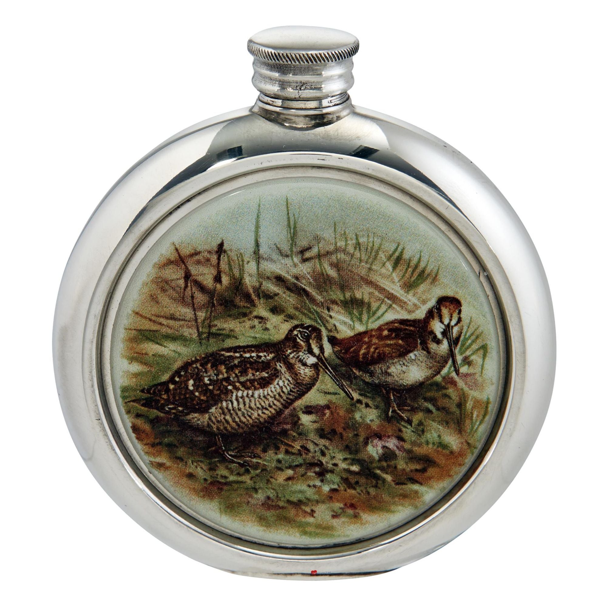 Silver flask with a design of two birds on a grassy background