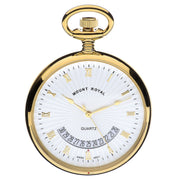 Gold pocket watch with white face and 'Mount Royal' branding on a white background