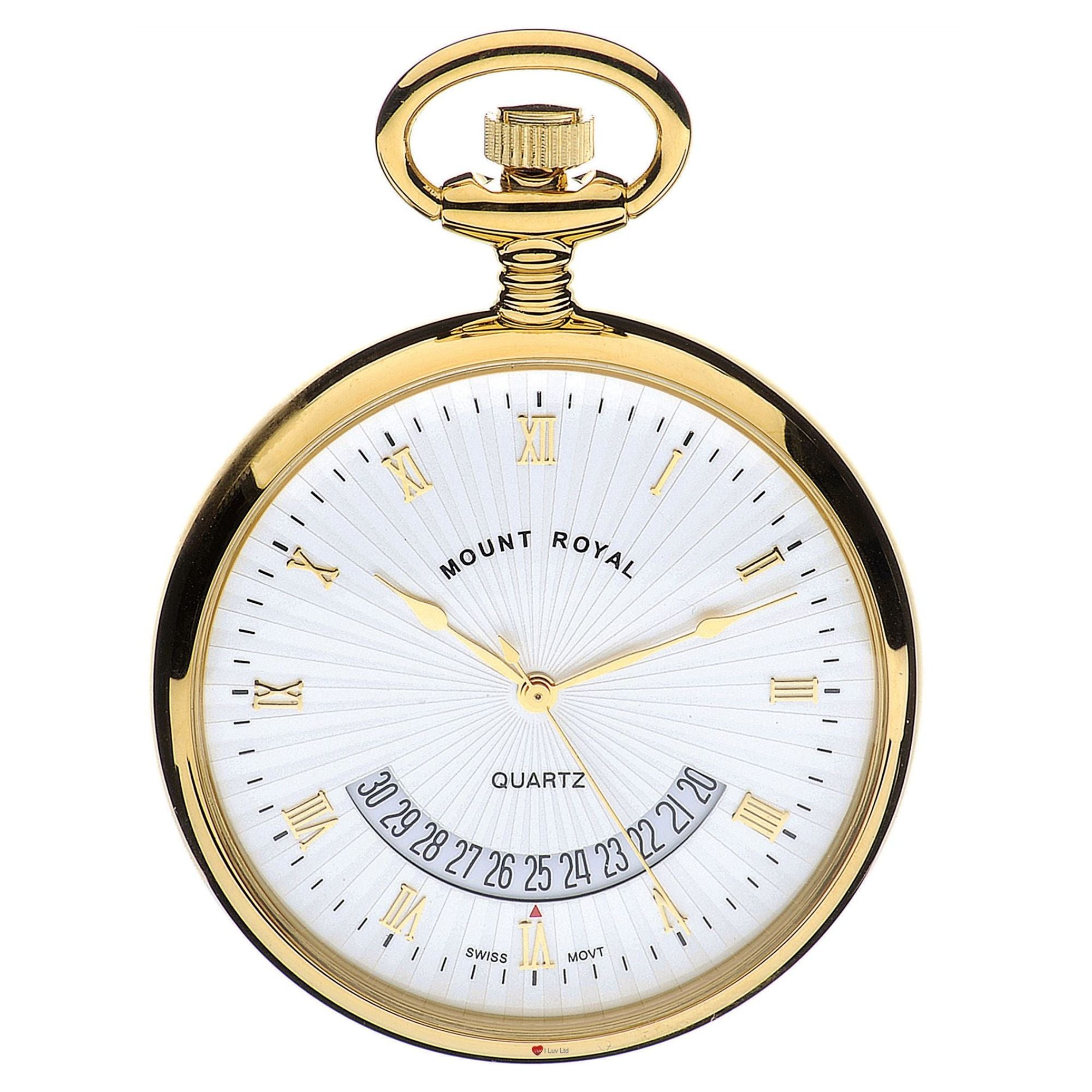 Gold pocket watch with white face and 'Mount Royal' branding on a white background
