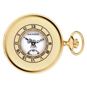 Gold pocket watch with brand logo on a white background