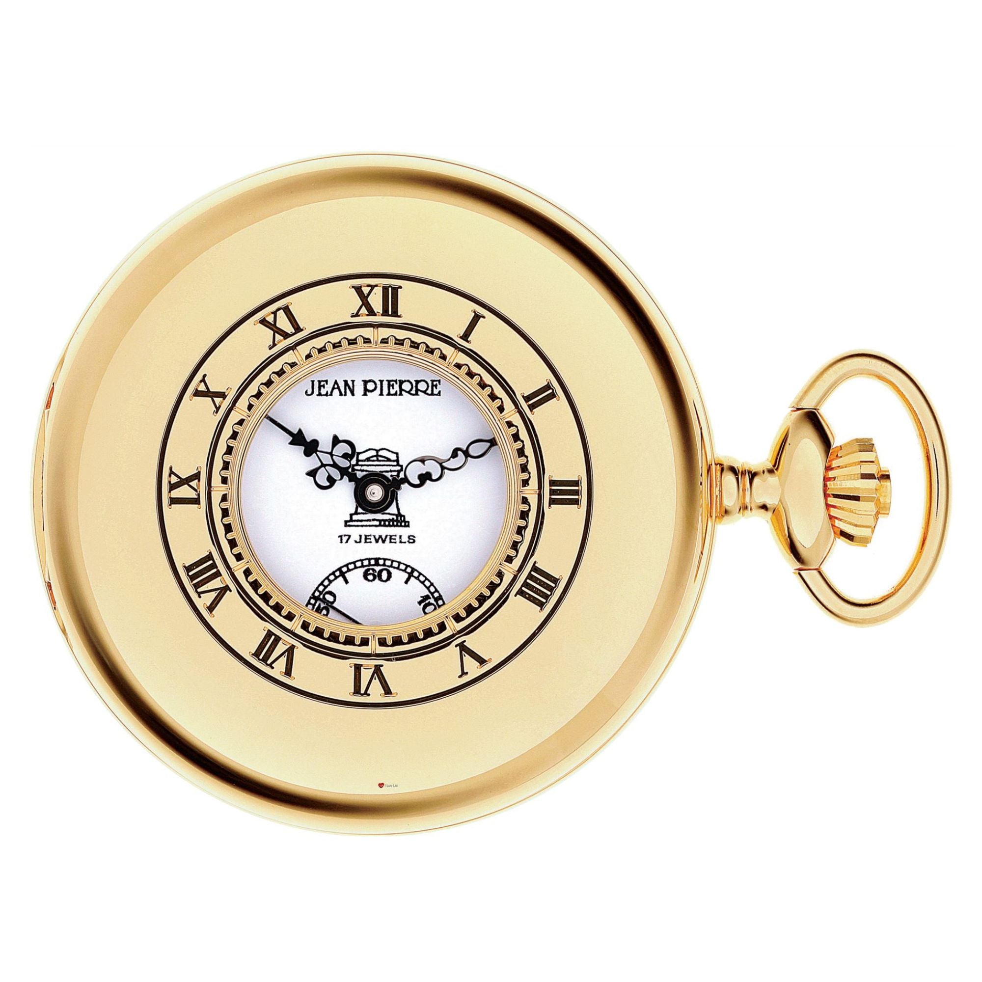 Gold pocket watch with brand logo on a white background