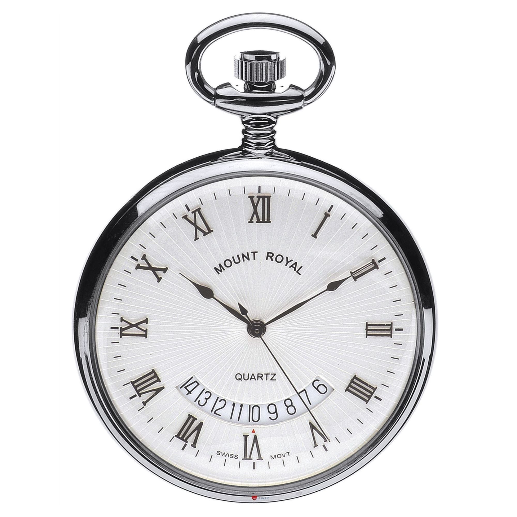 Pocket Watch Open Face Calendar Chrome Plated Quartz Movement Chain